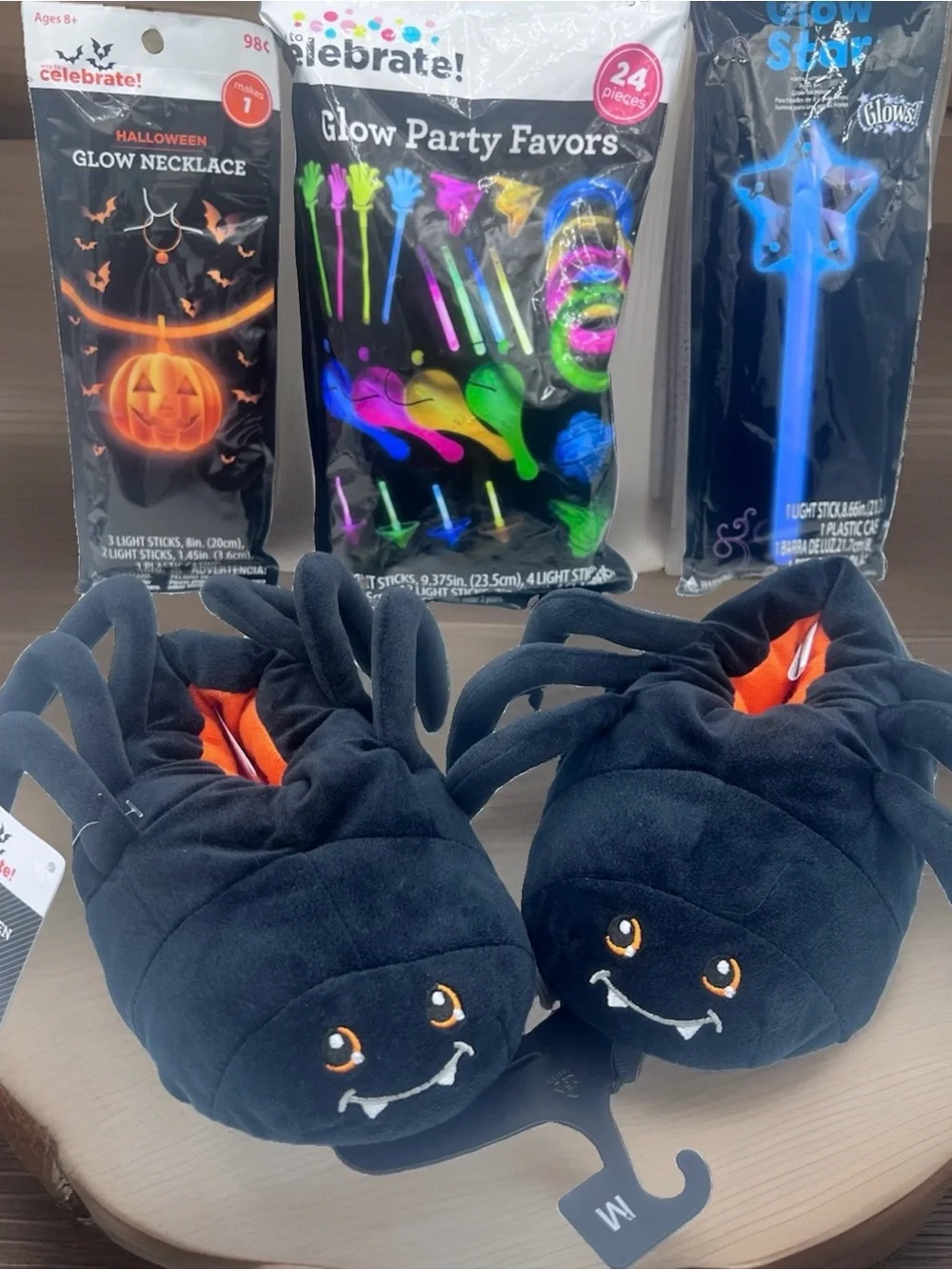 Celebrate Halloween Kids Black Spider Critter Slippers M (11-12) & Glow Toy Lot